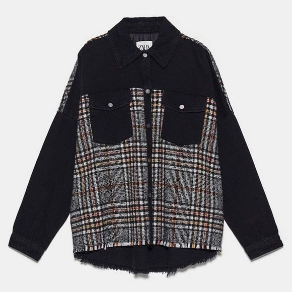 Zara Jackets & Blazers - Zara Denim Oversized Jacket Fray Hem Snap Front Plaid Black Size S